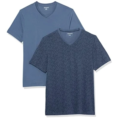Afbeelding van Amazon Essentials Heren Slim Fit T shirt met korte mouwen en V hals, verpakking van 2 stuks, blauw (Washed Blue) bloemenprint, XX Large