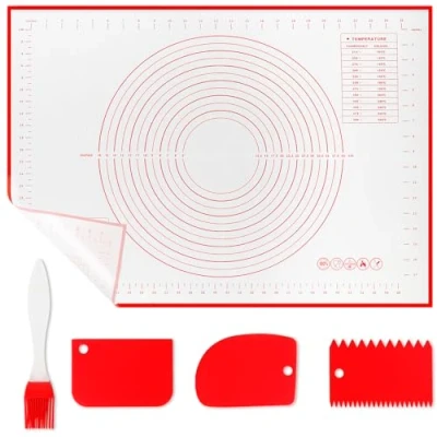 Afbeelding van WECUTE siliconen bakmat, 70 x 50 cm, bakonderlegger, antislip met meting, herbruikbaar, fondant, accessoires voor deeg, macarons (met 3 stuks deegschraper, 1 borstel) (Rood)