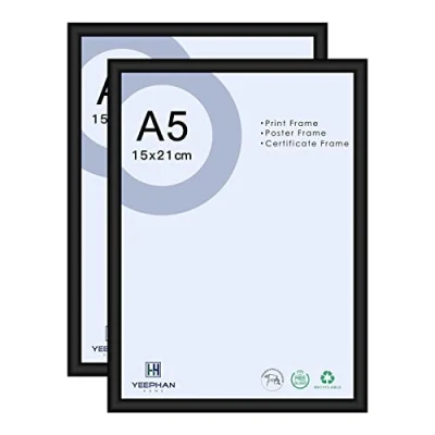 Afbeelding van YEEPHAN A5/21x15cm Fotolijsten Zwart Set van 2 8 x 6 inch Zwarte Fotolijst Gemaakt Metaal Aluminium met Perspex Front voor Tafelblad en Wandmontage
