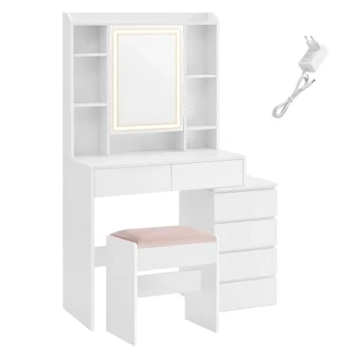 Afbeelding van VASAGLE kaptafel met LED verlichting, spiegel, laden, open vakken, verstelbare planken, kruk, instelbare helderheid, modern, wolkenwit RDT125W01