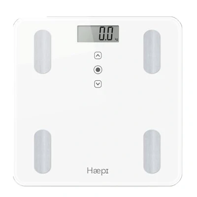 Afbeelding van Haepi Body Analyzer Volledige lichaamsanalyse: BMI, Kcal, gewicht, vetmassa, botmassa, vochtgehalte, spiermassa Modern en elegant design Maximale capaciteit van 180 kg 15 jaar garantie Inclusief batterijen Wit