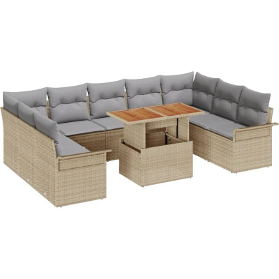 Afbeelding van vidaXL 10 delige Tuin Eetset met Kussens Beige Poly Rattan Acacia
