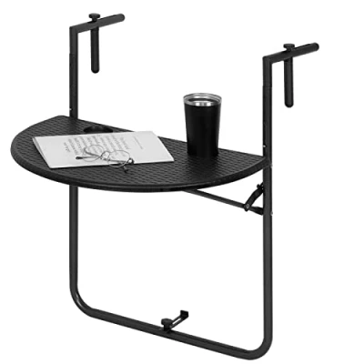 Afbeelding van WOLTU Balkonhangtafel, balkontafel om op te hangen, hangtafel, inklapbaar, bijzettafel, tuintafel, klaptafel met 3 hoogtes, 2 bekerhouders, in rotan look, 59,5 x 39 cm, zwart CPT8143sz