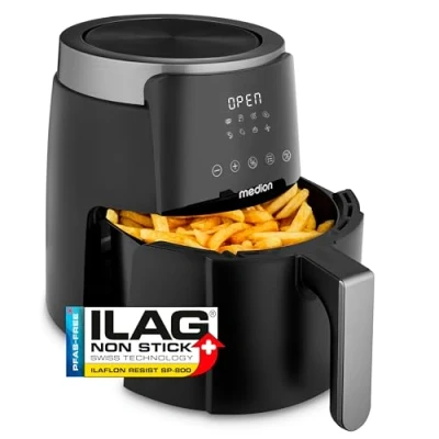 Afbeelding van MEDION Airfryer P40 L (4,7 liter, Heteleuchtfriteuse, 1500 watt, eenvoudige bediening, olievrij frituren, 60 min timer, tot 200 C, antiaanbaklaag, MD13030) zwart