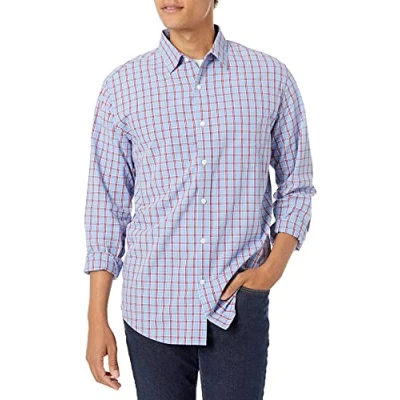 Afbeelding van Amazon Essentials Men&#039;s Casual poplin overhemd met normale pasvorm en lange mouwen, Lichtblauw Rood Plaid, M