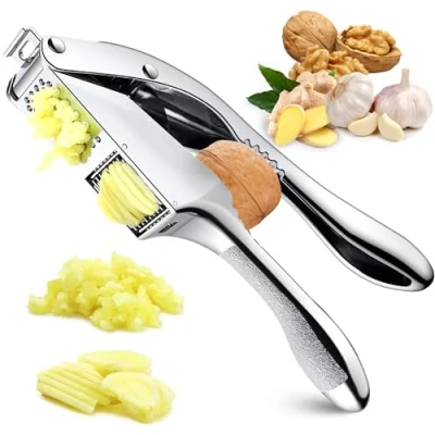 Afbeelding van GBLAVM knoflookpers, roestvrij staal, 2 in 1 Garlic Press antislip handgreep met knoflookschiller en reinigingsborstel, vaatwasmachinebestendig