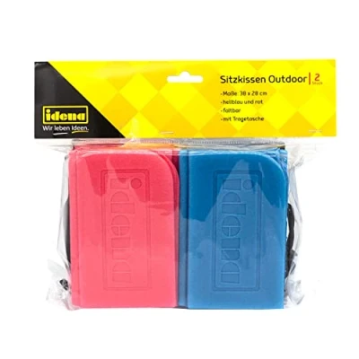 Afbeelding van Idena 40613 Outdoor zitkussen 38 x 28 cm, lichtblauw/rood, set van 2, opvouwbaar met draagtas, praktisch voor transport