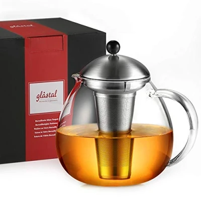 Afbeelding van glastal Glazen Theepot met Theefilters,1500ml van Glas Infuser, Borosilicaat Deksel voor Theebloemen, Losse thee en Theezakjes, Zilver