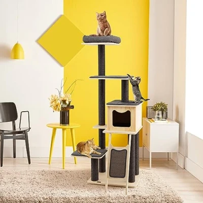 Afbeelding van COSTWAY Krabpaal 175 cm hoog, kattenhuis met sisalstammen en krabplank, kattenkrabpaal, modern kattenmeubel 6 verdiepingen ruime knuffelholte zitstok
