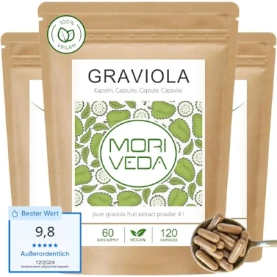 Afbeelding van Graviola capsules 6 maanden voorraad natuurlijk fruitextract metabolisch welzijn veganistisch en glutenvrij 3x120 stuks by MoriVeda
