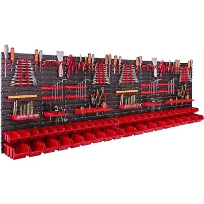Afbeelding van Opbergsysteem wandrek 230 x 78 cm, met gereedschapshouders, 46 stuks Stapelbakken, opslagrek, extra sterke wandplaten, uitbreidbaar rek, werkplaatsrek, opslagbakken, voor werkplaatsen.