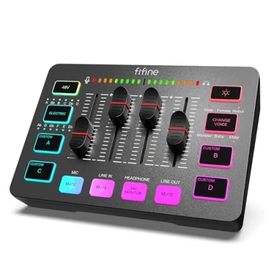 Afbeelding van FIFINE Gaming Audio Mixer, Streaming RGB pc mixer met XLR microfooninterface, individuele bediening, volumeregeling, mute knop, 48 V fantoomvoeding, voor podcast, opname, zang