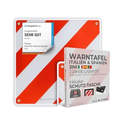 Afbeelding van PLANGER® waarschuwingsbord Italië en Spanje + tas 2 in 1 (50 x 50 cm) Reflecterend rood wit voor bagagedrager fietsendrager