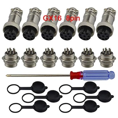 Afbeelding van QitinDasen 6 stuks Premium GX16 8 Pin Aviation stekkeradapter, 5A 16mm schroefdraad mannelijk vrouwelijk metaal luchtvaartstekker draadconnector kit, met rubberen beschermkap en schroevendraaier
