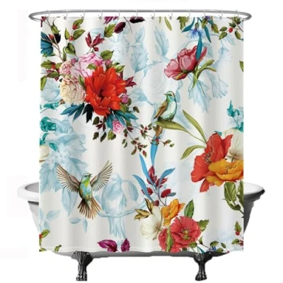 Afbeelding van Ulticool Douchegordijn Bloem Vogel Natuur 180 x 200 cm semi Transparant met 12 Ringen wit anti Schimmel Multi color