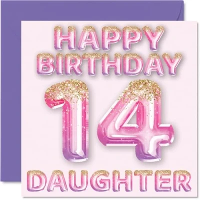 Afbeelding van 14e verjaardagskaart voor dochter roze en paarse glitterballonnen gelukkige verjaardagskaarten 14 jarige van mama papa ouders, 145 mm x cadeau