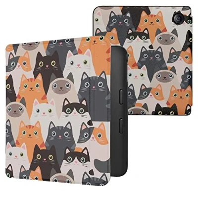Afbeelding van kwmobile E reader hoesje geschikt voor Kobo Libra 2 hoes flip case met magnetische sluiting Ereader cover Katten design in oranje / zwart wit