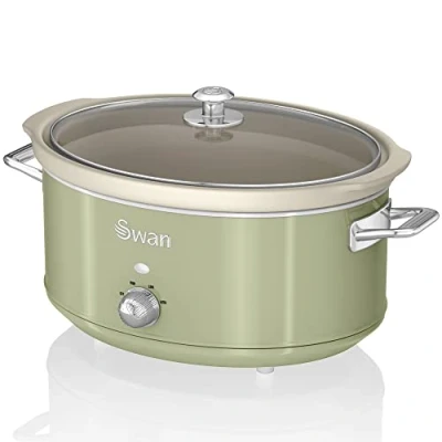Afbeelding van Swan Retro SF17031GNEU Kookpan, 6,5 l, afneembare container, anti aanbaklaag, keramiek, PFOA en PTFE, 3 temperatuurniveaus, glazen deksel, slowcooker, vintage design, groen, 320 W