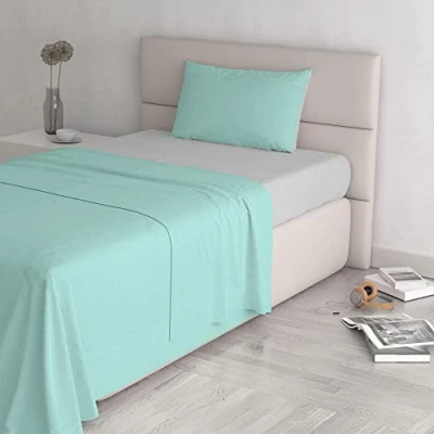 Afbeelding van Italian Bed Linen Natuurlijke kleur Set (Flat 180x300, Hoeslaken 120x200cm+kussensloop 52x82cm), Benzine Fles Groen, Water Lichtgrijs, KLEINE DOUBLE