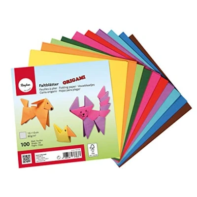 Afbeelding van RAYHER HOBBY 71831000 Origami vouwbladen, 100 vellen gesorteerd, 10 kleuren dubbelzijdig, basiskleuren, knutselpapier voor kinderen en volwassenen, 15 x cm, 80 g/m2