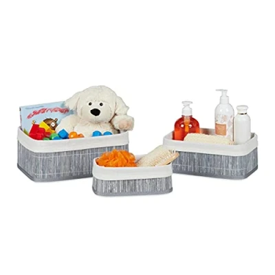 Afbeelding van Relaxdays opbergmand bamboe stof mandjes set van 3 manden badkamer grijs