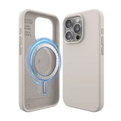 Afbeelding van elago Magnetische Silicone Hoesje Compatibel met iPhone 15 Pro Case, MagSafe Alle Accessoires, Ingebouwde Magneten, Premie Siliconen [5 Laags Structuur] (Stone)