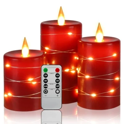 Afbeelding van Da by led kaarsen, 360 graden kijkhoek, met sterrenlichtketting, set van 3 lichtkettingen, afstandsbediening 10 toetsen, 24 uurs timerfunctie, dansende vlam, echte was (rood).