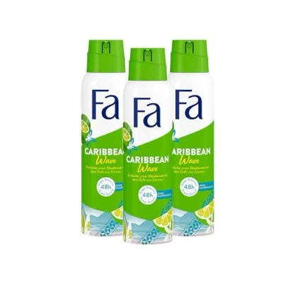 Afbeelding van Fa Deospray Caribbean Wave (3 x 150 ml), deodorant met de exotisch frisse geur van citroen, zonder aluminium voor maximaal 48 uur bescherming tegen deodorant; laat geen deodorantresten