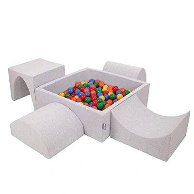 Afbeelding van KiddyMoon Schuimspeelplaats voor kinderen met vierkante ballenbak (300 ballen), lichtgrijs: geel/groen/blauw/rood/oranje