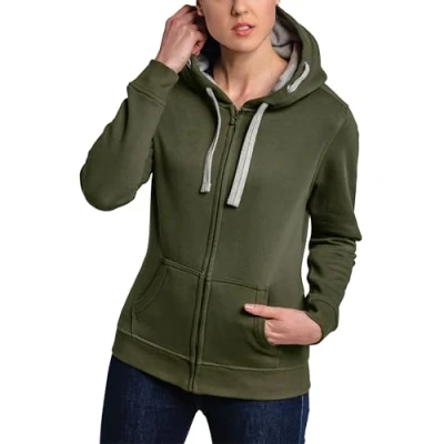 Afbeelding van HRM Premium damesjack met capuchon contrasterende binnenvoering, basic hoodie ritssluiting, hoogwaardige en duurzame damestops, olijfgroen, XS