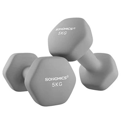 Afbeelding van SONGMICS SYL910G01 Set van 2 halters x 5 kg handgewichten met neopreencoating zeshoekige halterpaar thuistraining fitnesstraining grijs
