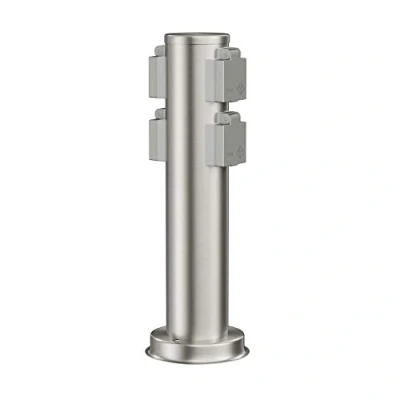 Afbeelding van ledscom.de Tuincontactdooszuil PORU voor buiten, IP44, 4 voudig, roestvrij staal, kunststof, rond, 39 cm, wandcontactdoos tuincontactdoos, toren,
