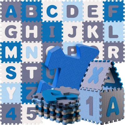 Afbeelding van Spielwerk XXL Puzzelmat Schuim 86 Delen Cijfers Letters Blauw