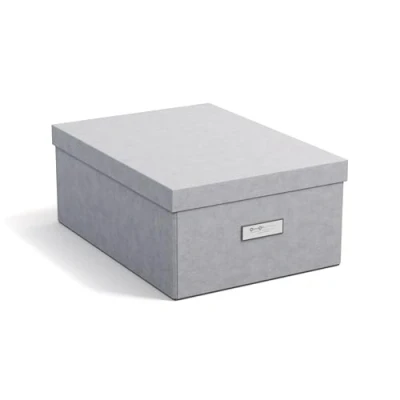 Afbeelding van Bigso Box of Sweden Katia middelgrote opbergdoos met deksel, stabiele organizer van vezelplaat en papier in linnenlook, praktische vouwbox etikettenframe, lichtgrijs