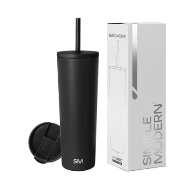 Afbeelding van Simple Modern 828mL (28oz) Classic Reismok Tumbler met 2 deksels: herbruikbaar rietje en klep kolf koffie bier geïsoleerde pint beker 18/8 roestvrij staal Middernacht Zwart