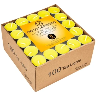 Afbeelding van Deco Express Theelichtjes, kleine geurkaarsen, 4 of 8 uur brandduur citronella kaarsen, verpakking van 50 100 stuks, geel, 100/8