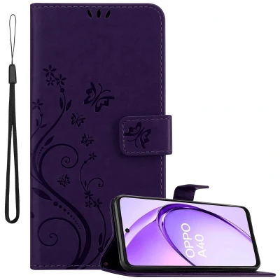 Afbeelding van Cadorabo Hoesje geschikt voor Oppo A40 in BLOEMEN DONKER PAARS Beschermhoes bloemmotief met magnetische sluiting, standfunctie en kaartsleuven Book Case Cover Etui