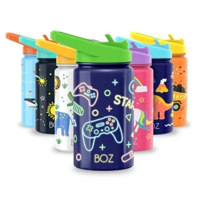 Afbeelding van BOZ Geïsoleerde waterfles voor kinderen met rietjesdeksel, roestvrijstalen vacuüm dubbelwandige waterbeker, 414 ml. Krasbestendige leuke print en draaggreep, BPA vrij vaatwasmachinebestendig (spel)
