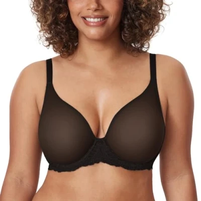 Afbeelding van DELIMIRA Vrouwen Sheer Mesh BH Doorzichtig Plus Size Sexy Volledige Dekking Beugel Ongevoerde BH&#039;s zwart 80F