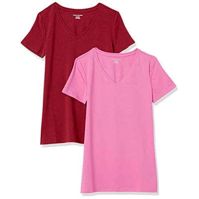 Afbeelding van Amazon Essentials Women&#039;s T shirt met korte mouwen en V hals in klassieke pasvorm, Pack of 2, Bordeauxrood/Roze, M