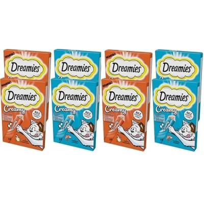 Afbeelding van Dreamies Kattenlekkernijen Creamy Snacks met zalm en kip, set van 8 verpakkingen (32 porties à 10 g)