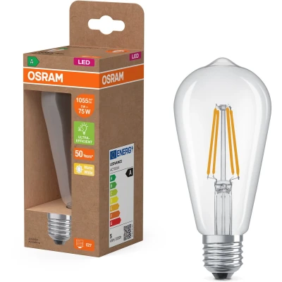 Afbeelding van Osram LED lamp in classic globe shape, with decorative filament, energy efficiency class A, E27, 7.2 W, 1521 lm, 2700 K, warm white. 100% light straight away, no warming up.