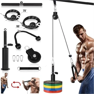 Afbeelding van Morwealth Pulley Fitnesskabelsysteem, Lat Pull kabelsysteem, onderarm, polstrainer, armkrachttraining met touwtriceps, Bar voor biceps, katrolsysteem training in de sportschool thuis