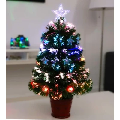 Afbeelding van Christmas Concepts® 2FT (60CM) GROENE VEZELOPTIC KERSTBOOM MET STERREN EN KERSTMUTS RODE VOET