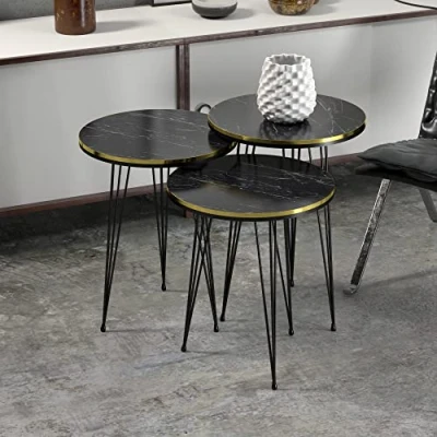 Afbeelding van [en.casa] Bijzettafel Ryslinge set van 3 rond marmer zwart, goudkleurig en zwart
