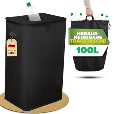 Afbeelding van COTTARA® Verzamelbak met deksel en draagtas, statiegeldhouder inworp, ideale flessenorganizer, flessenverzamelaar, lege goederen, voor keuken, zwart