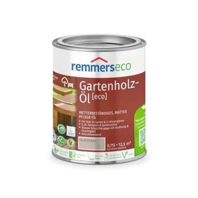 Afbeelding van Remmers Tuinhoutolie [eco] patina patinagrijs, 0,75 liter, duurzame grijze houtolie op waterbasis voor binnen en buiten, milieuvriendelijk, veganistisch, antislip, natuurlijke grijstinten hout