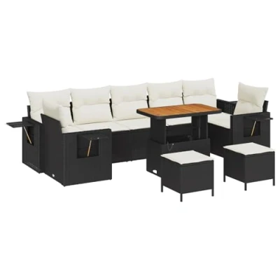 Afbeelding van vidaXL 10 delige Tuin Sofa Set met Kussens Zwart Poly Rattan Acacia