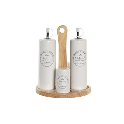 Afbeelding van Items Azijn/Olie flessen tafelset met peper/zout vaatjes keramiek/bamboe wit Olie en azijnstellen