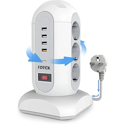 Afbeelding van FDTEK Stekkerdoos Overspanningsbeveiliging met 4 USB en 9 Stekkers 13 1 Stekkerblok Schakelaar, 2500W/10A Meervoudige Stopcontacten 1,65 m Terugtrekbaar Kabel voor Kantoor Thuis, Wit